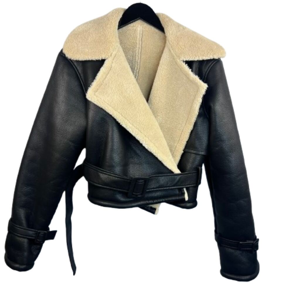 Commense Faux Leather Shearling Aviator Black Cream Belted Jacket Size XL
